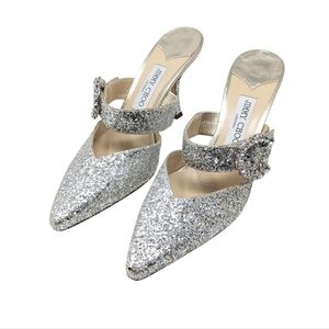Jimmy Choo Marta 100 Silver Crystal Coarse Glitter Mule Heel Size EU 40